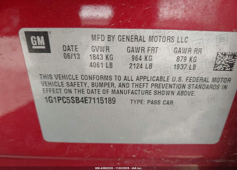 2014 CHEVROLET CRUZE 1LT AUTO VIN: 1G1PC5SB4E7115189