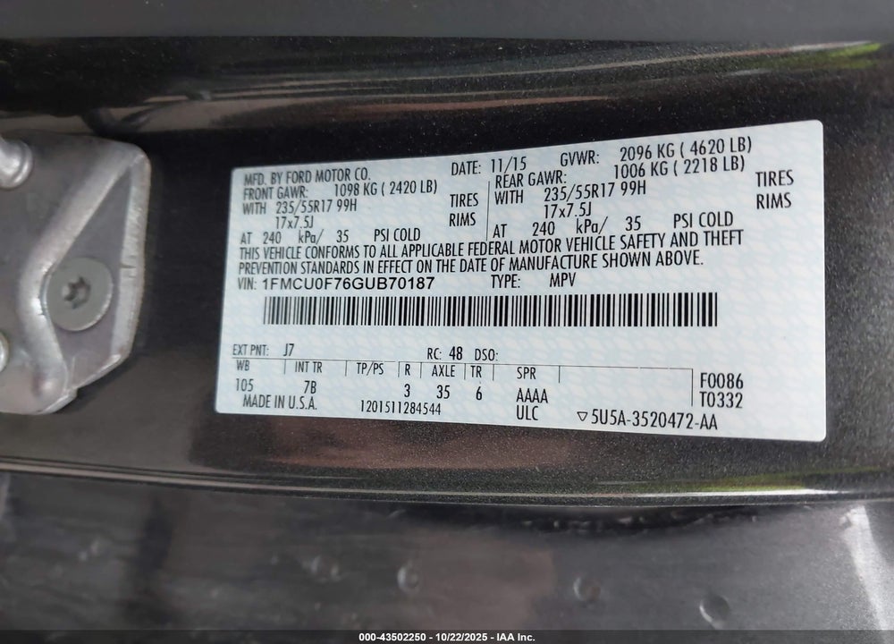 2016 FORD ESCAPE S VIN: 1FMCU0F76GUB70187