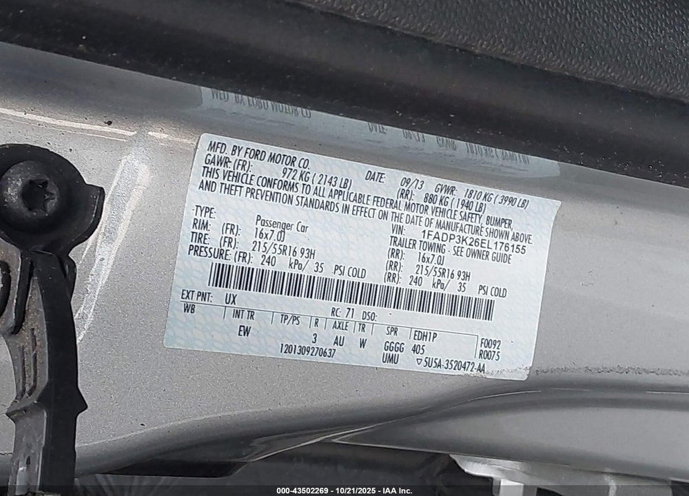 2014 FORD FOCUS VIN: 1FADP3K26EL176155