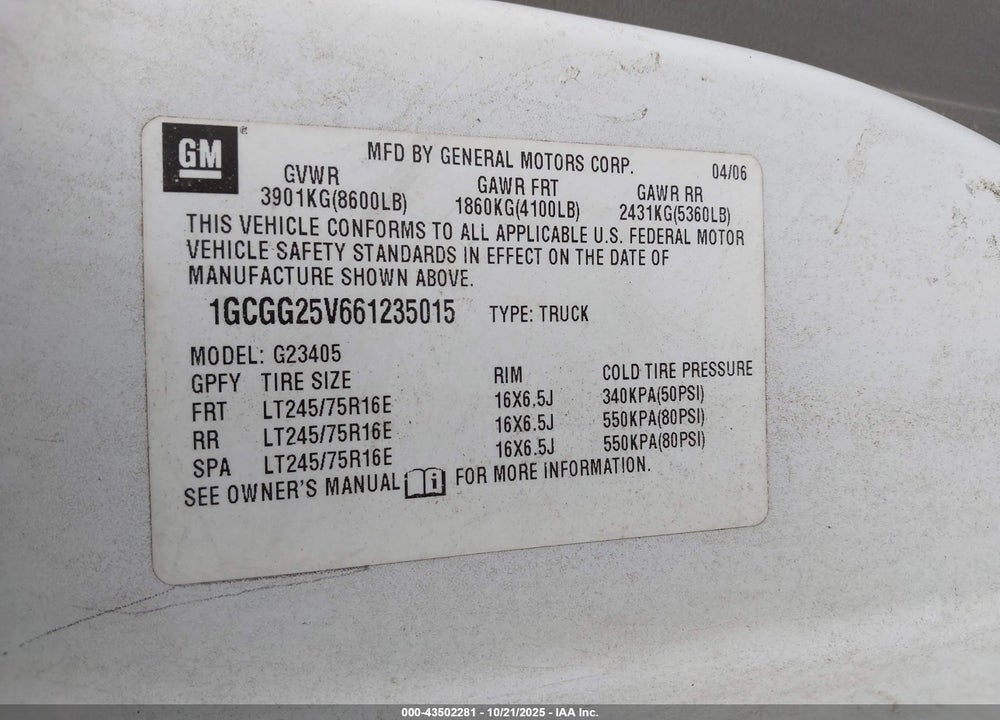 2006 CHEVROLET EXPRESS WORK VAN VIN: 1GCGG25V661235015