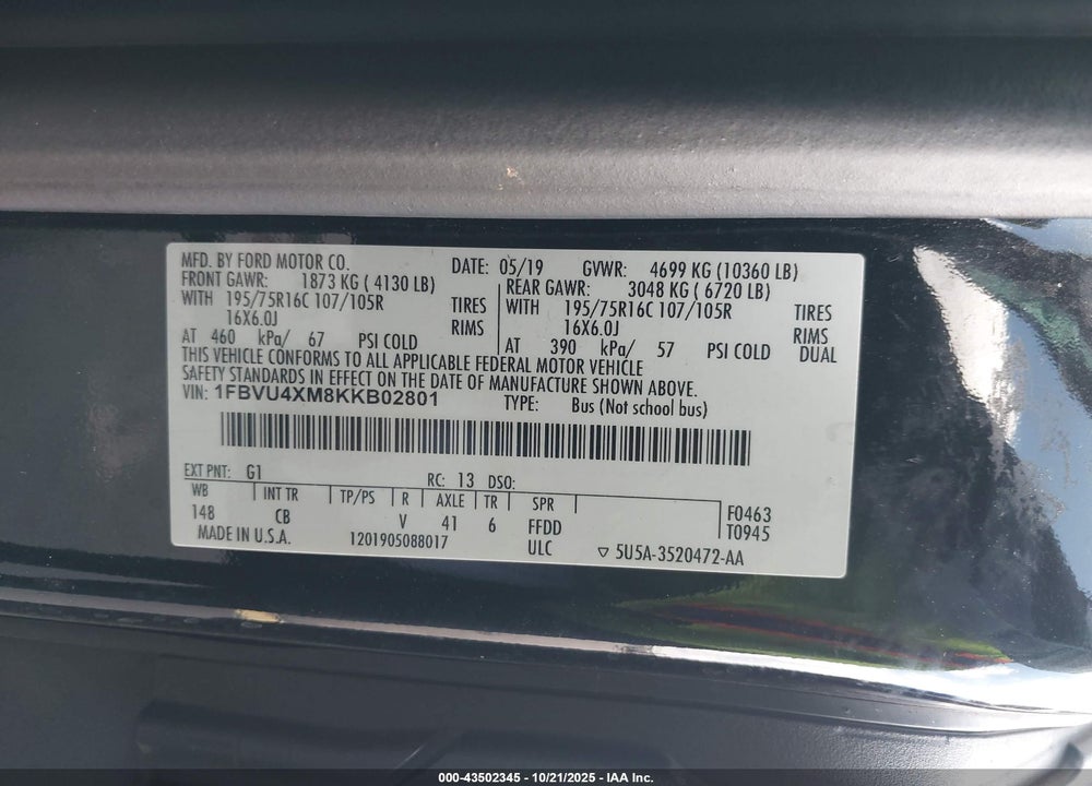 2019 FORD TRANSIT-350 XLT VIN: 1FBVU4XM8KKB02801