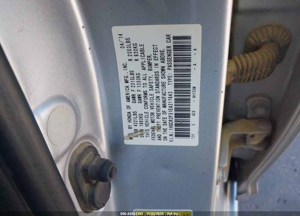 2014 HONDA ACCORD VIN: 1HGCR2F51EA217643