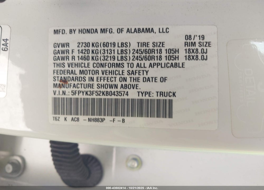 2019 HONDA RIDGELINE RTL VIN: 5FPYK3F52KB043574