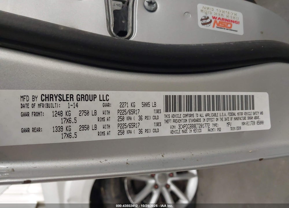 2014 DODGE JOURNEY SXT VIN: 3C4PDCBB8ET201772