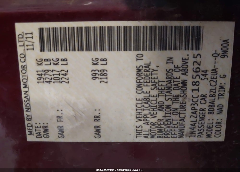 2012 NISSAN ALTIMA 2.5 S VIN: 1N4AL2AP3CC185625