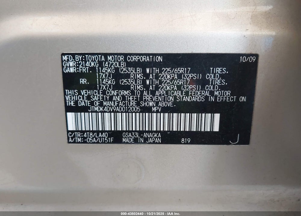 2010 TOYOTA RAV4 VIN: JTMDK4DV9AD012005