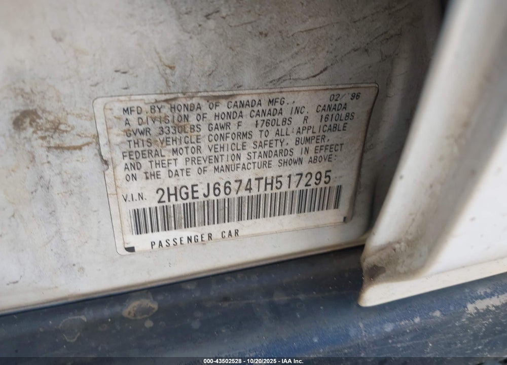 1996 HONDA CIVIC LX VIN: 2HGEJ6674TH517295