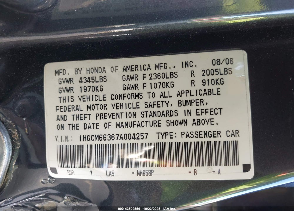 2007 HONDA ACCORD 3.0 LX VIN: 1HGCM66367A004257
