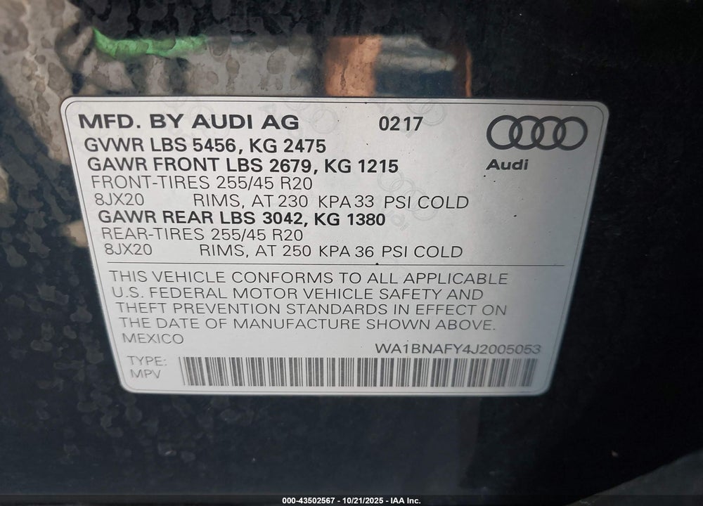 2018 AUDI Q5 2.0T PREMIUM/2.0T TECH PREMIUM VIN: WA1BNAFY4J2005053