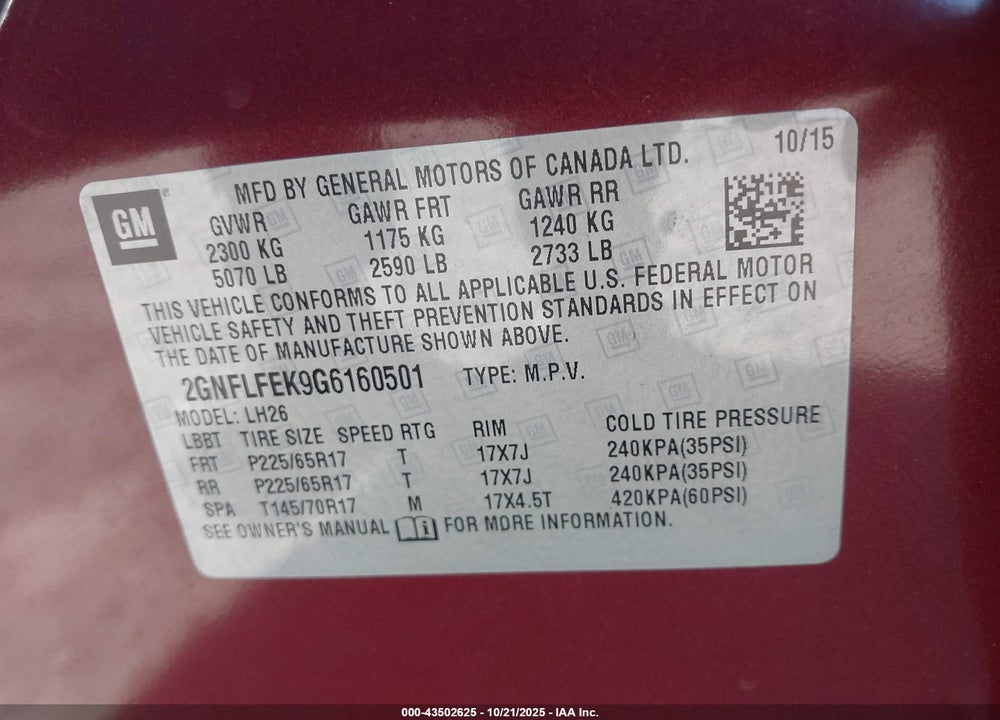 2016 CHEVROLET EQUINOX LT VIN: 2GNFLFEK9G6160501