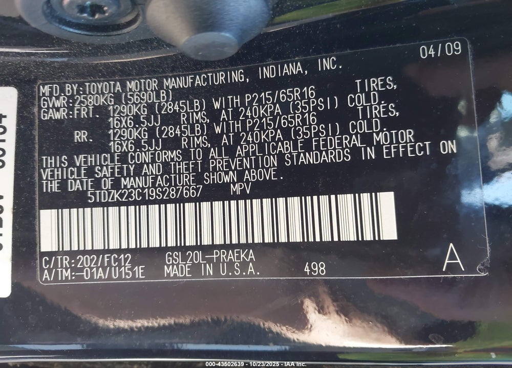 2009 TOYOTA SIENNA VIN: 5TDZK23C19S287667