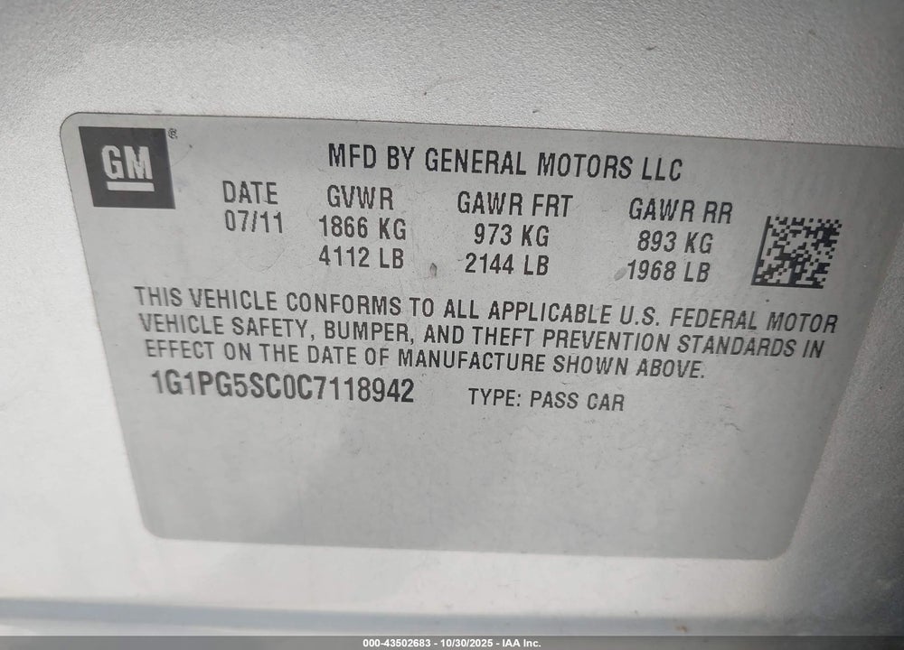 2012 CHEVROLET CRUZE 2LT VIN: 1G1PG5SC0C7118942