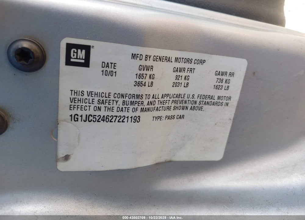 2002 CHEVROLET CAVALIER VIN: 1G1JC524627221193