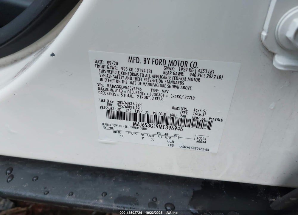 2021 FORD ECOSPORT SE VIN: MAJ6S3GL9MC396946