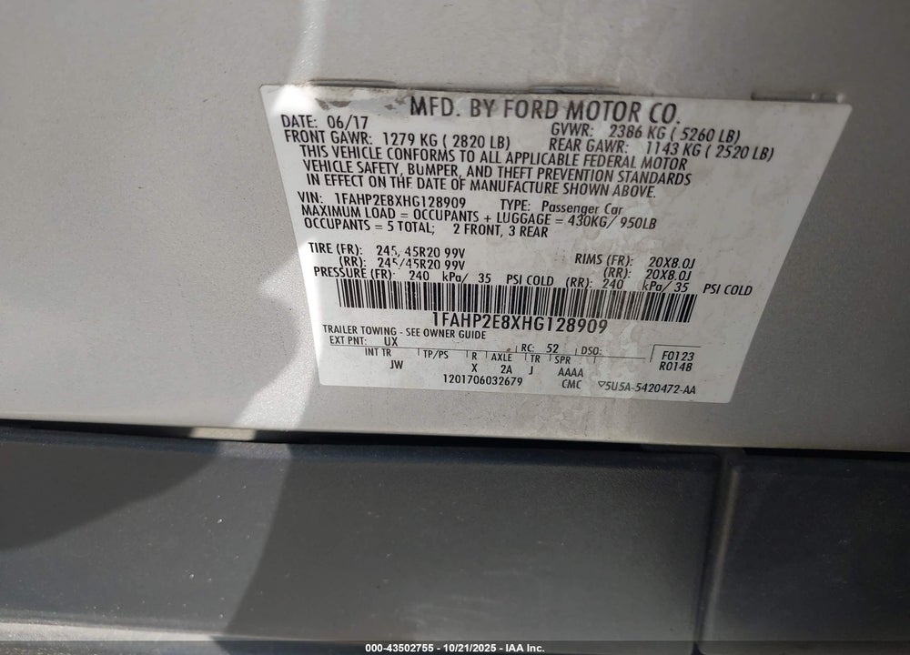 2017 FORD TAURUS SEL VIN: 1FAHP2E8XHG128909