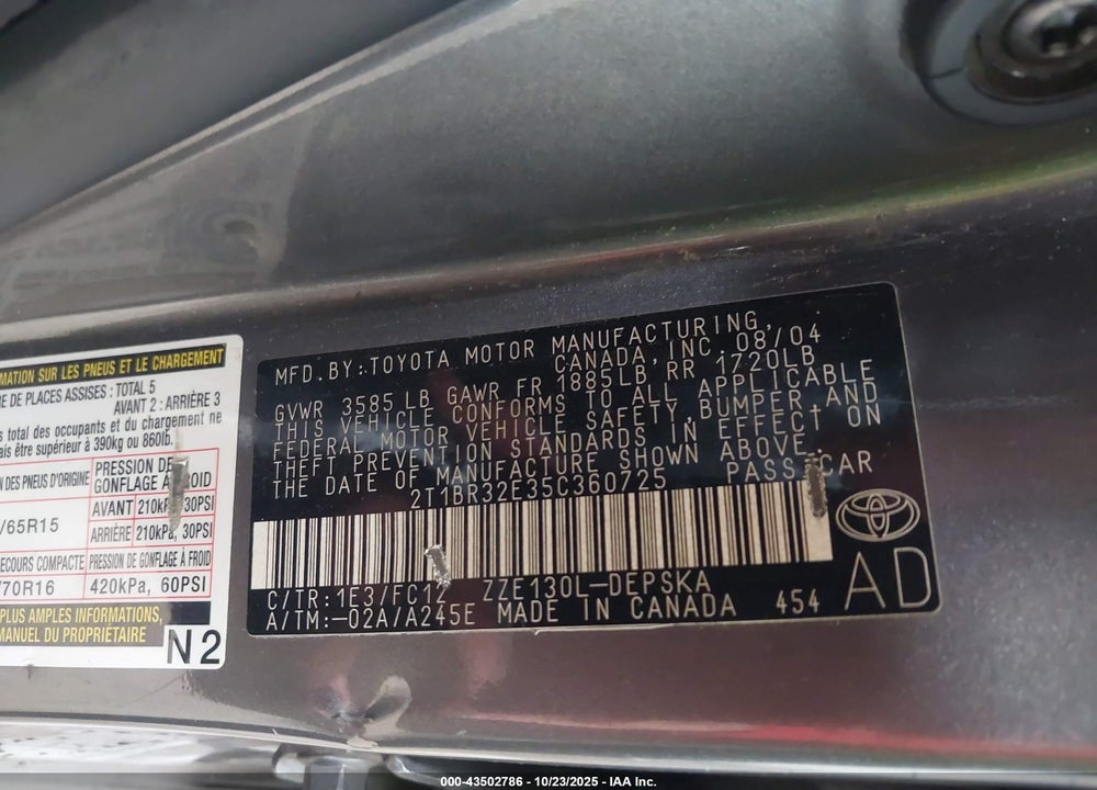 2005 TOYOTA COROLLA VIN: 2T1BR32E35C360725