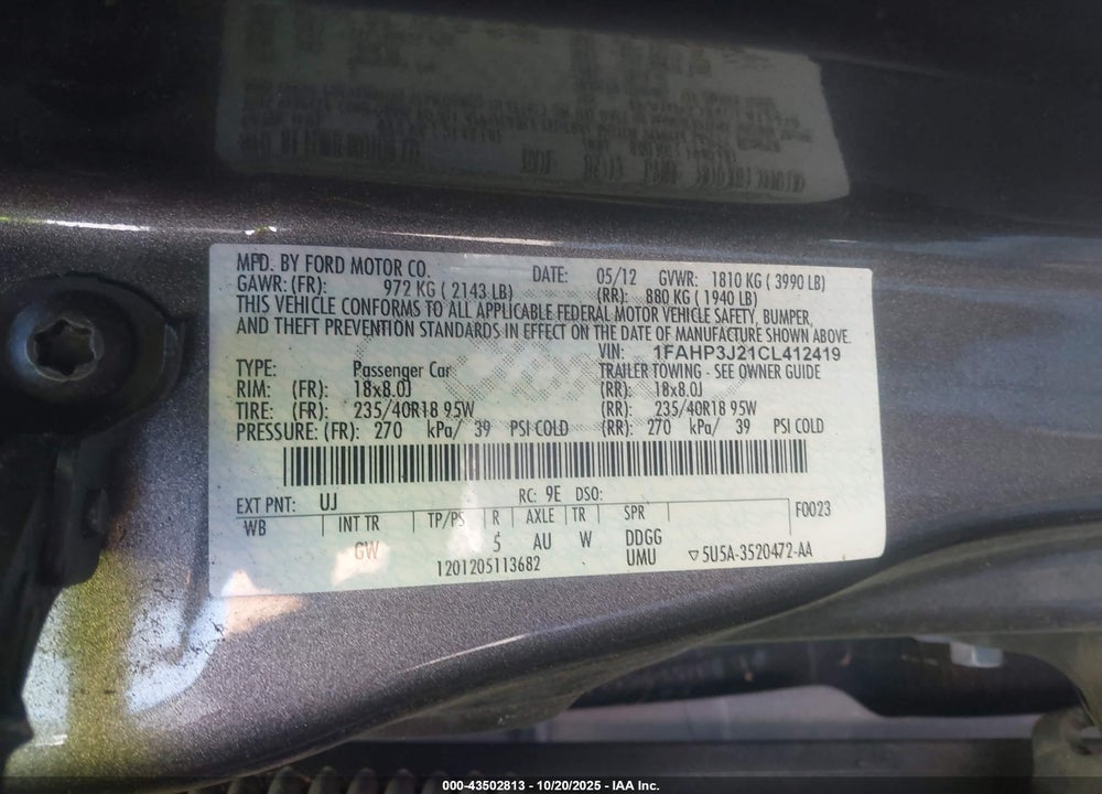 2012 FORD FOCUS VIN: 1FAHP3J21CL412419