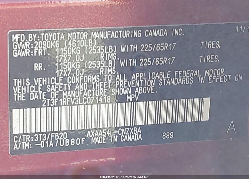 2020 TOYOTA RAV4 LE VIN: 2T3F1RFV3LC071418