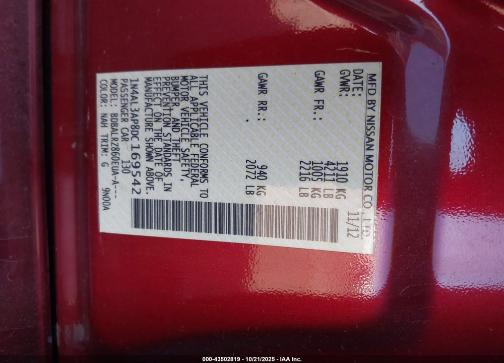 2013 NISSAN ALTIMA 2.5 S VIN: 1N4AL3AP8DC169542