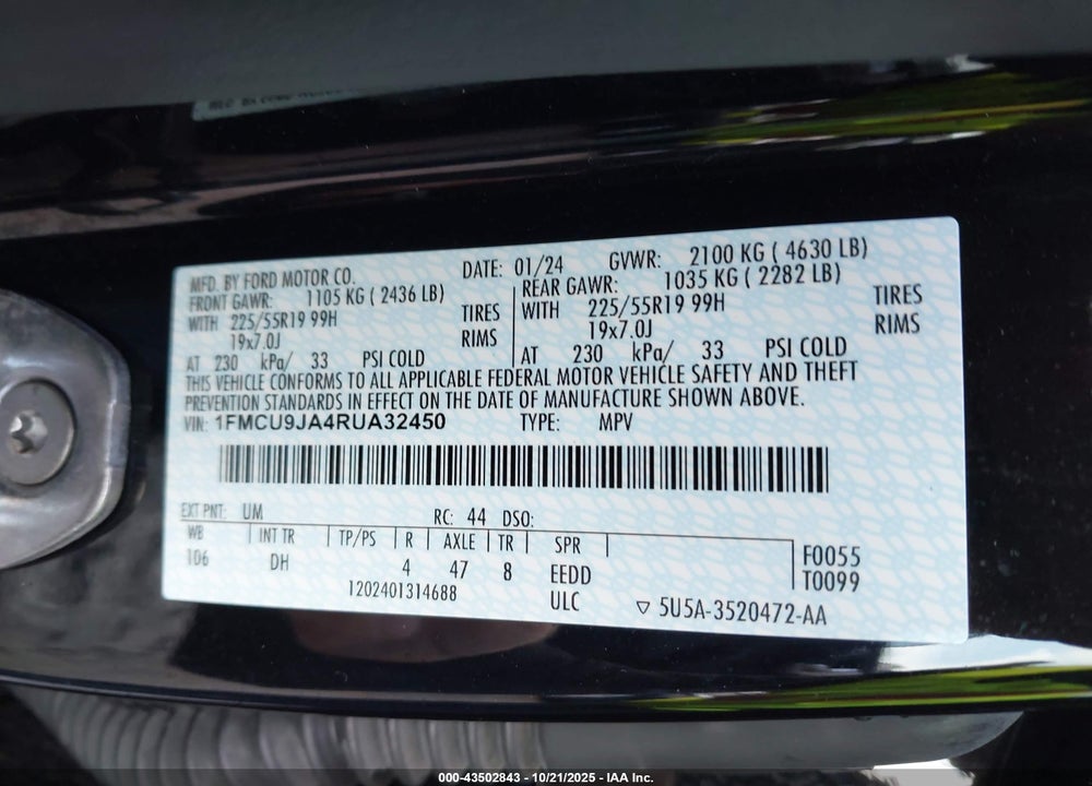 2024 FORD ESCAPE PLATINUM VIN: 1FMCU9JA4RUA32450