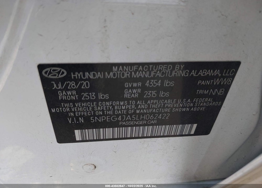 2020 HYUNDAI SONATA SE VIN: 5NPEG4JA5LH062422