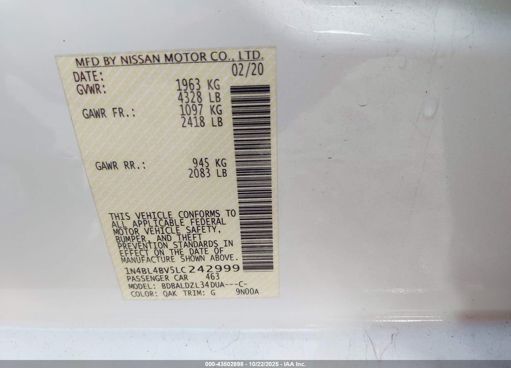 2020 NISSAN ALTIMA VIN: 1N4BL4BV5LC242999