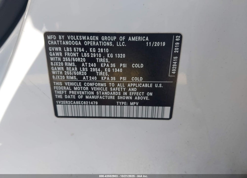 2019 VOLKSWAGEN ATLAS 3.6L V6 SEL VIN: 1V2ER2CA8KC621479
