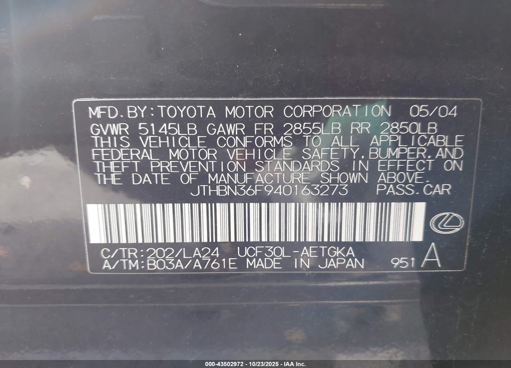 2004 LEXUS LS 430 VIN: JTHBN36F940163273
