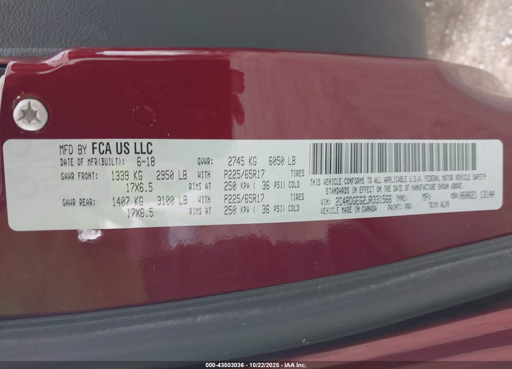 2018 DODGE GRAND CARAVAN GT VIN: 2C4RDGEG2JR331566