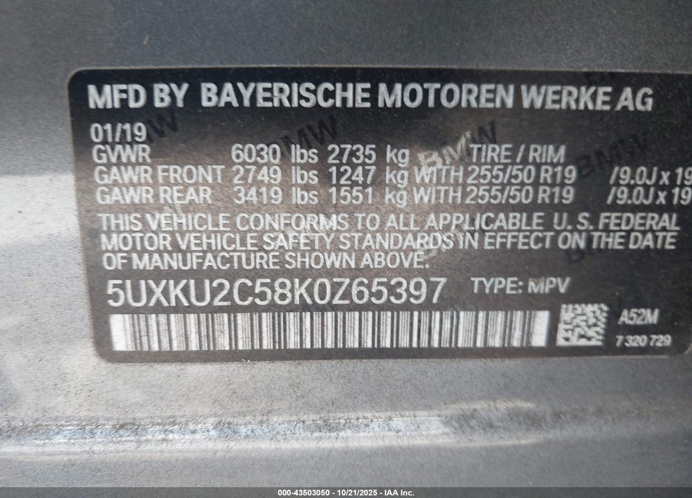 2019 BMW X6 XDRIVE35I VIN: 5UXKU2C58K0Z65397