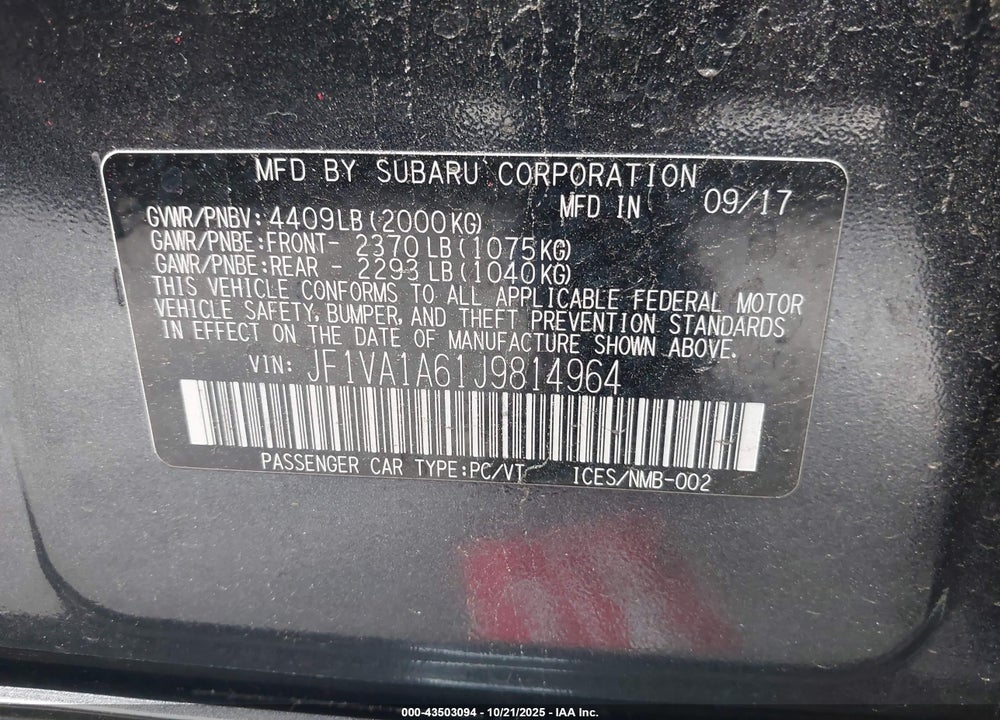 2018 SUBARU WRX VIN: JF1VA1A61J9814964