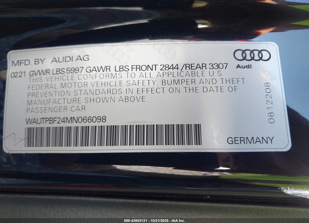 2021 AUDI A7 SPORTBACK VIN: WAUTPBF24MN066098