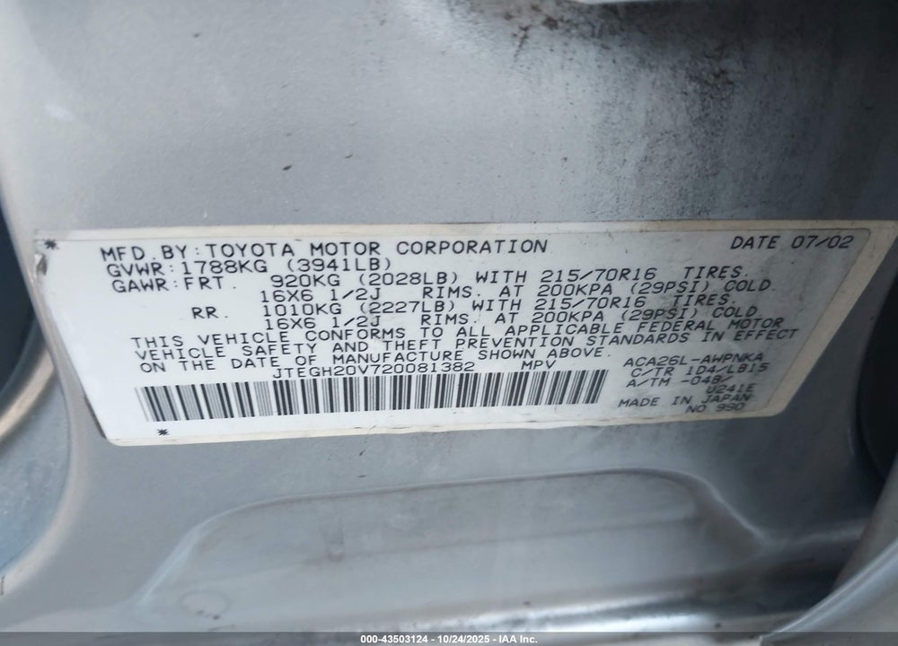 2002 TOYOTA RAV4 VIN: JTEGH20V720081382