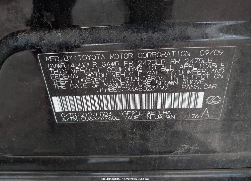 2010 LEXUS IS 350 VIN: JTHBE5C23A5023697
