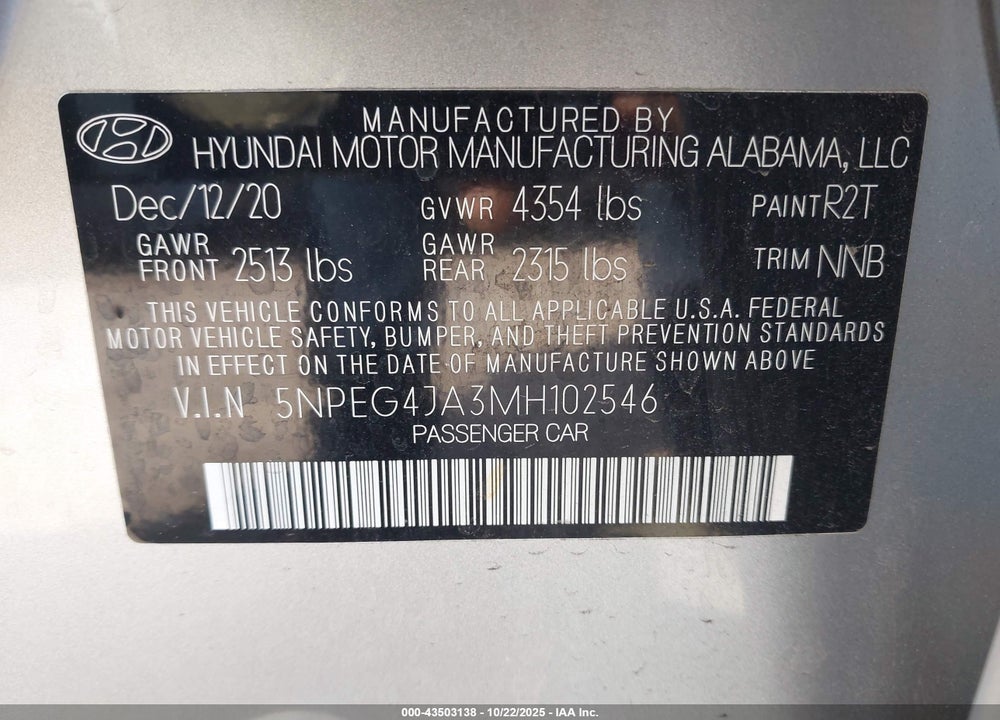 2021 HYUNDAI SONATA VIN: 5NPEG4JA3MH102546