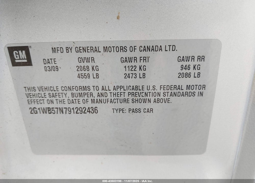 2009 CHEVROLET IMPALA VIN: 2G1WB57N791292436