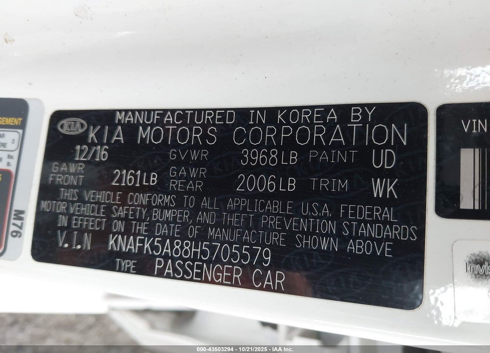 2017 KIA FORTE LX VIN: KNAFK5A88H5705579