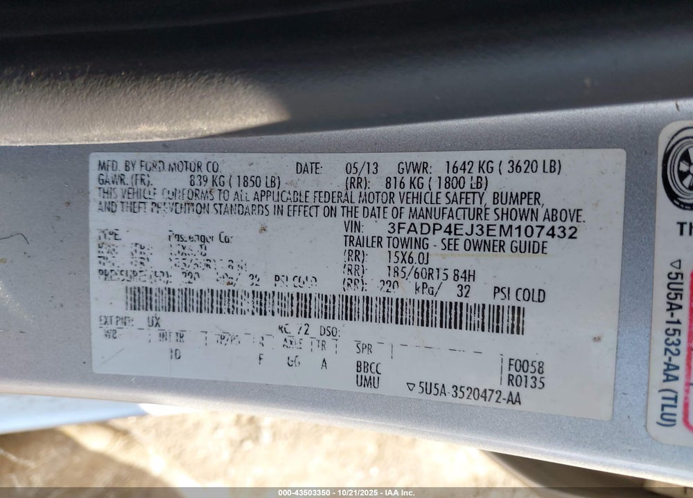 2014 FORD FIESTA VIN: 3FADP4EJ3EM107432