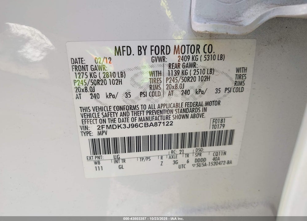 2012 FORD EDGE SEL VIN: 2FMDK3J96CBA87122