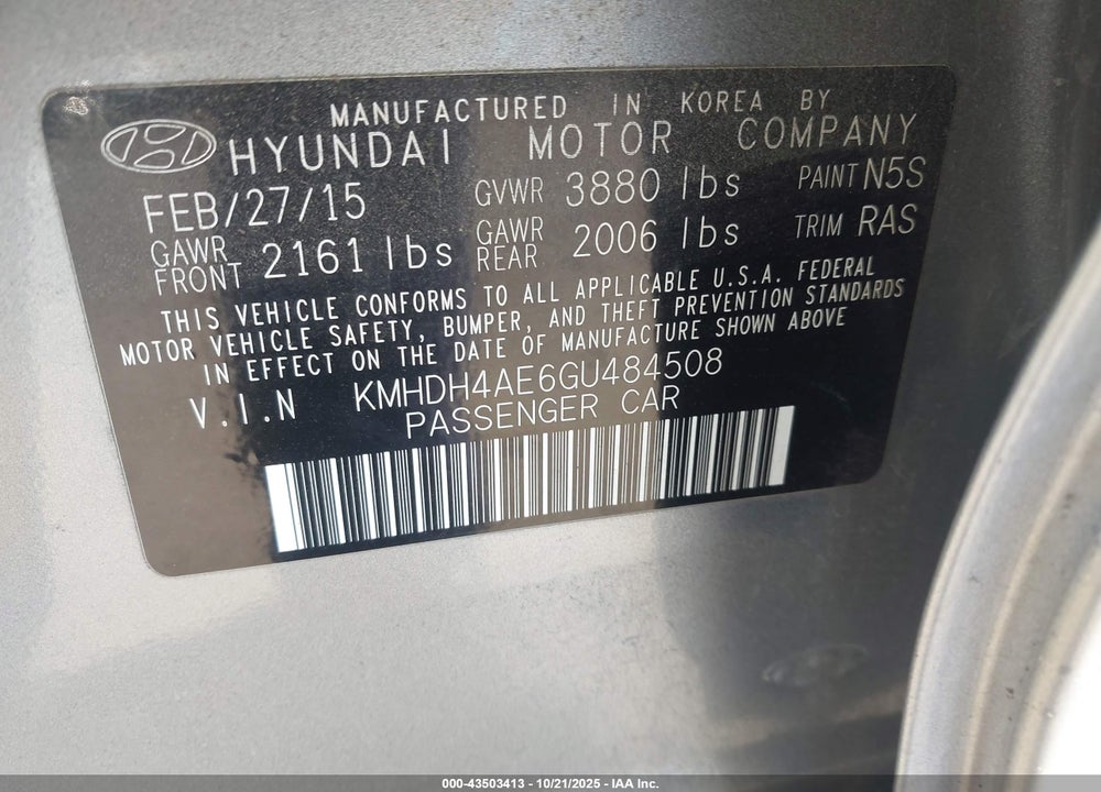 2016 HYUNDAI ELANTRA SE VIN: KMHDH4AE6GU484508