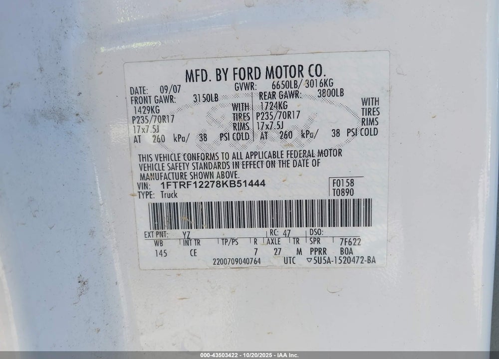 2008 FORD F-150 STX/XL/XLT VIN: 1FTRF12278KB51444