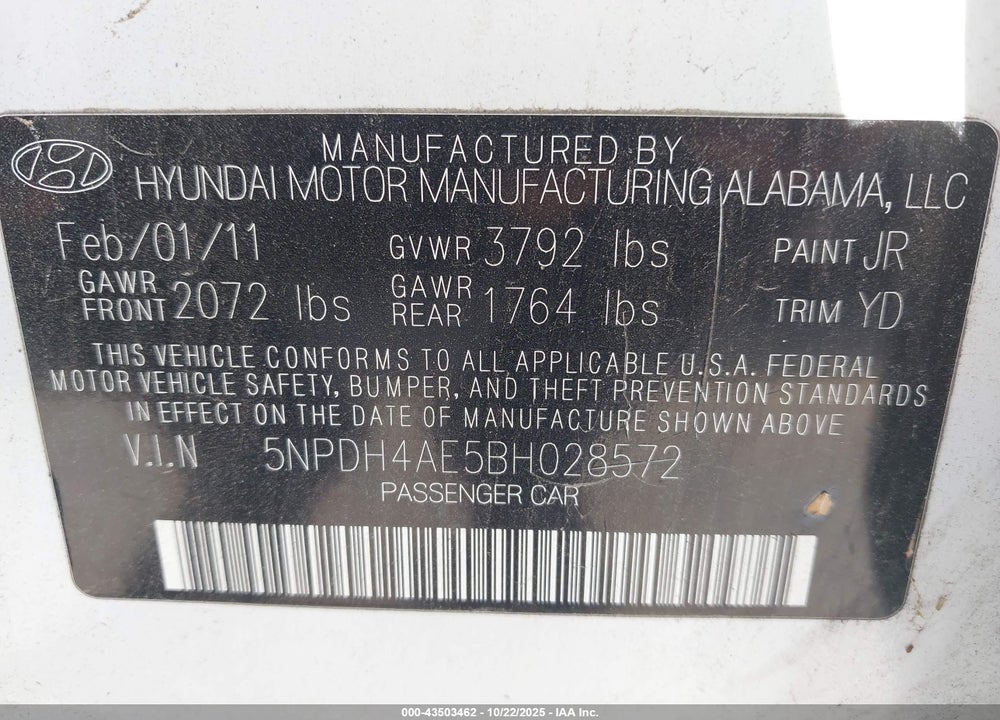 2011 HYUNDAI ELANTRA VIN: 5NPDH4AE5BH028572