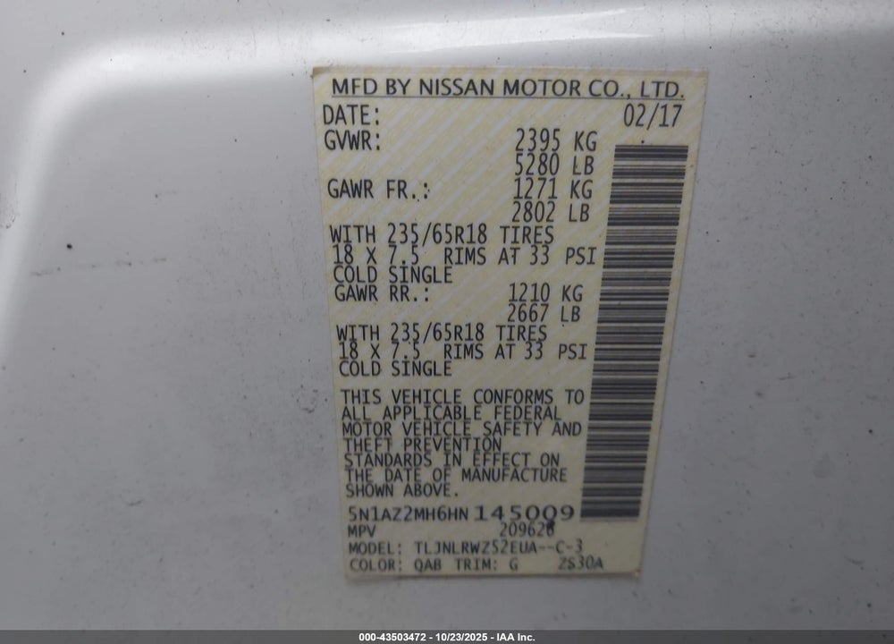 2017 NISSAN MURANO SL VIN: 5N1AZ2MH6HN145009