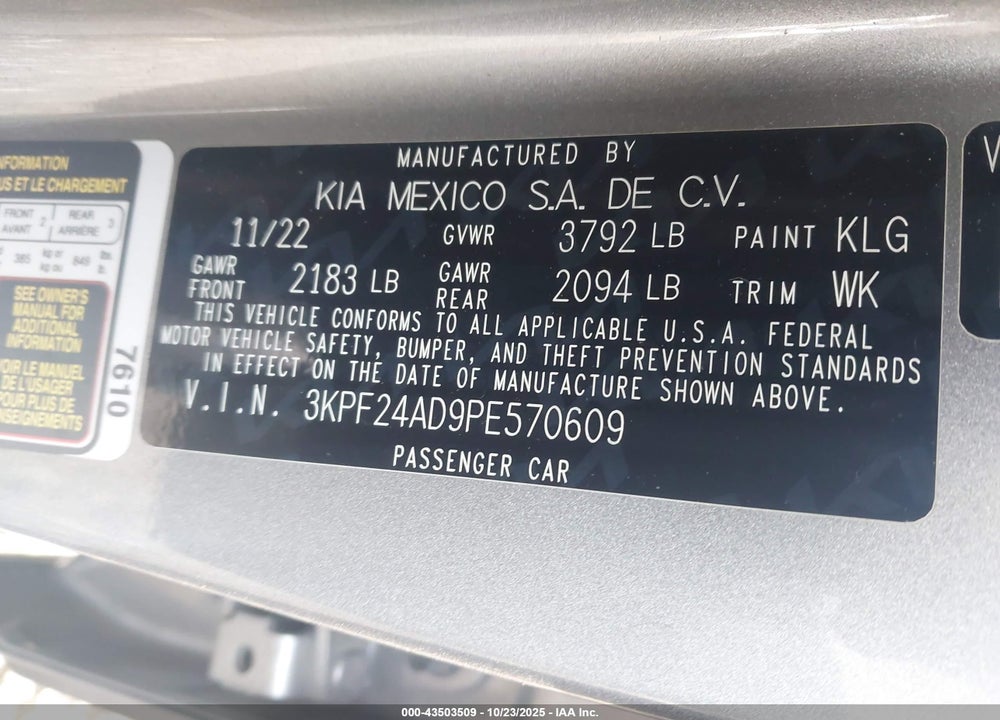 2023 KIA FORTE VIN: 3KPF24AD9PE570609