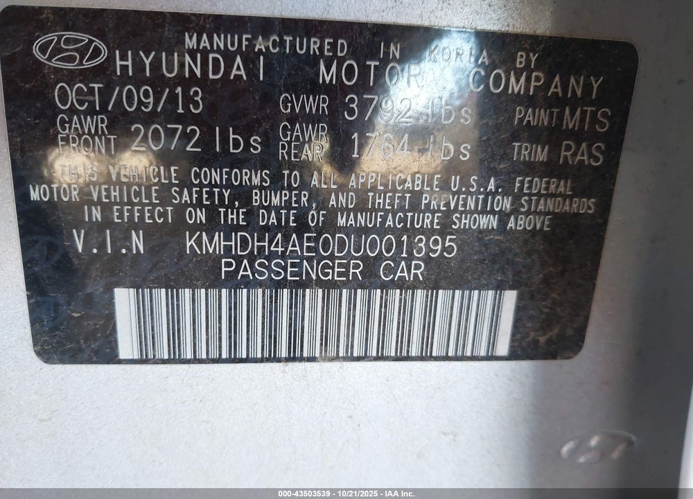 2013 HYUNDAI ELANTRA VIN: KMHDH4AE0DU001395