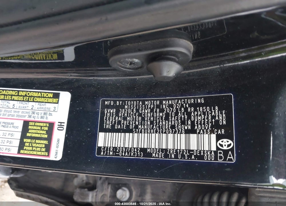 2014 TOYOTA COROLLA S PLUS VIN: 5YFBURHE2EP097376