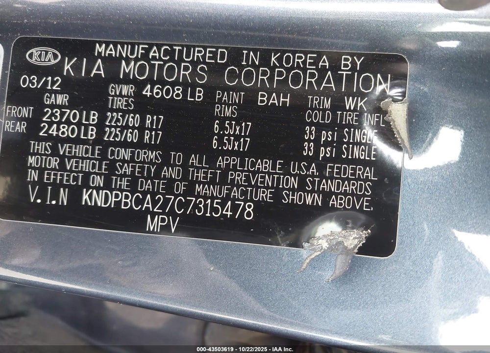 2012 KIA SPORTAGE LX VIN: KNDPBCA27C7315478