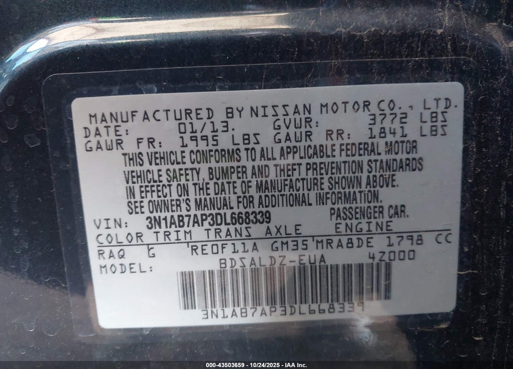 2013 NISSAN SENTRA VIN: 3N1AB7AP3DL668339