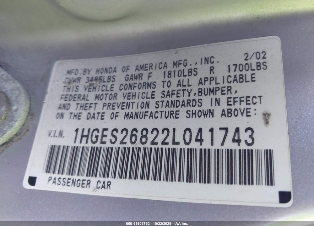 2002 HONDA CIVIC EX VIN: 1HGES26822L041743