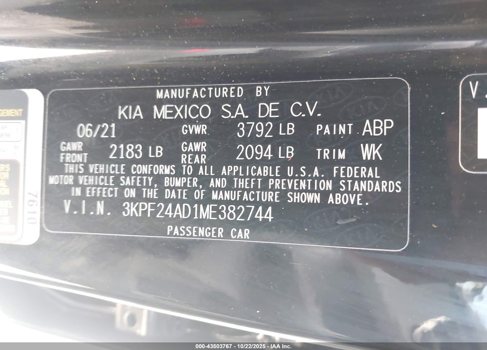 2021 KIA FORTE LXS VIN: 3KPF24AD1ME382744